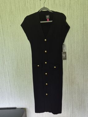 NWT Vince Camuto Size XL Black Ribbed Sweater Dress Gold Buttons Stretchy
